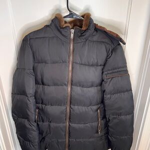 Men's Black Puffer Jacket with Brown Trim and Faux-Fur Collar